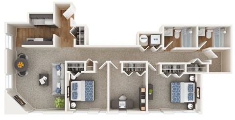 Floor plan for 3 beds, 2 baths, 1300 sqft